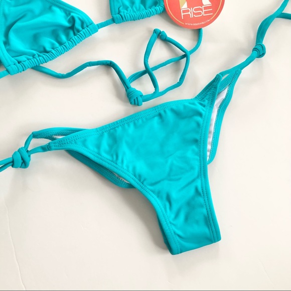Rise Swim Teal Two Piece String Bikini Thong Bottom Size Small - Picture 8 of 8